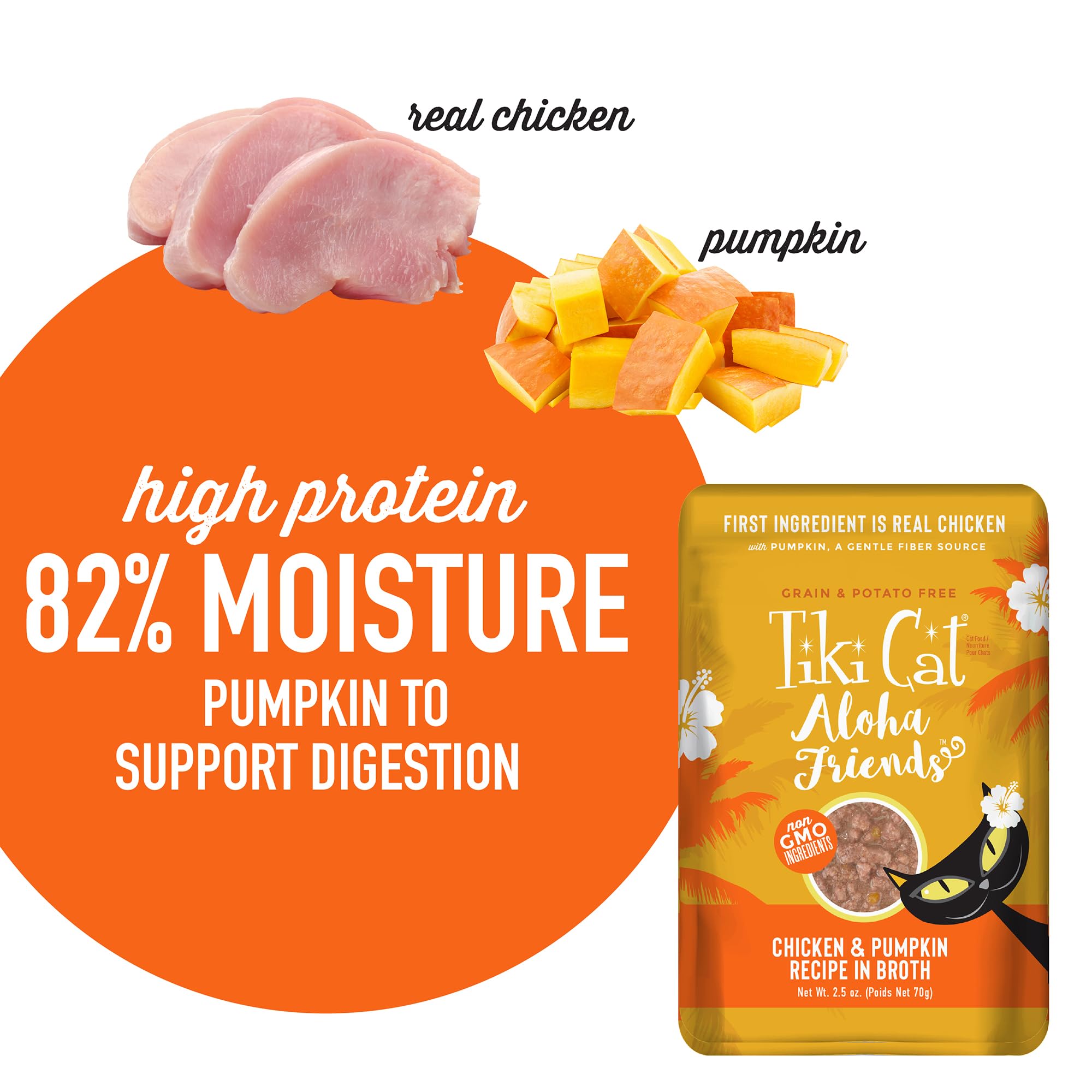 TIKI PETS Tiki Cat Aloha Friends real chicken close-up, protein-rich nutrition from premium ingredients.