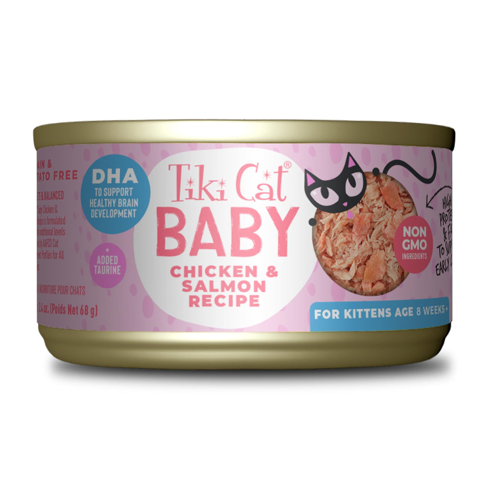 Tiki Cat Baby chicken & salmon cat food can front view highlighting high-protein kitten nutrition.