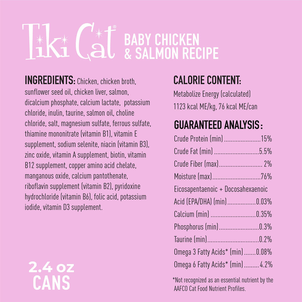 Tiki Cat Baby serving image shows convenient cans for growing kittens' meals.