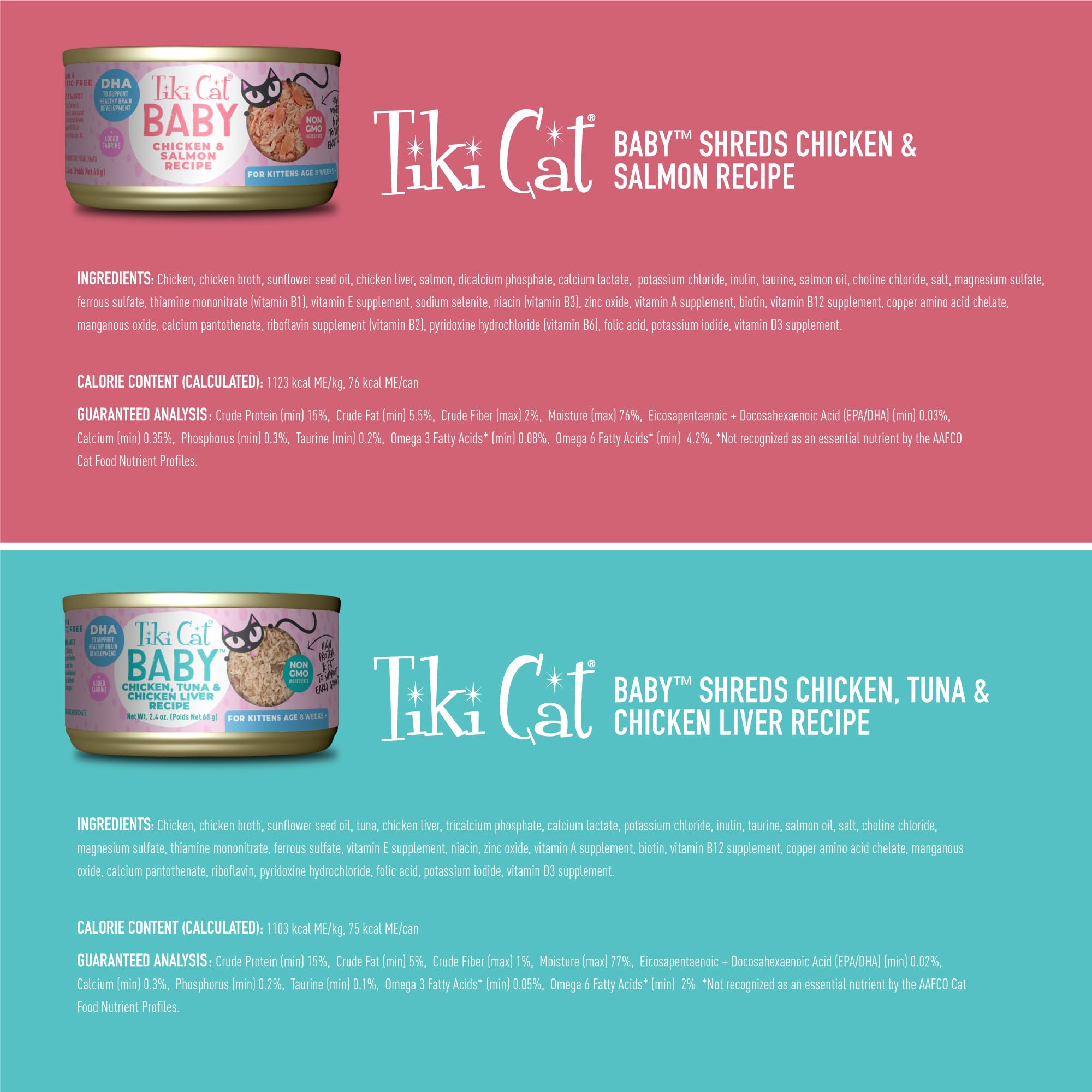 Tiki Cat Baby Chicken Salmon Shreds offers savory protein for growing kittens