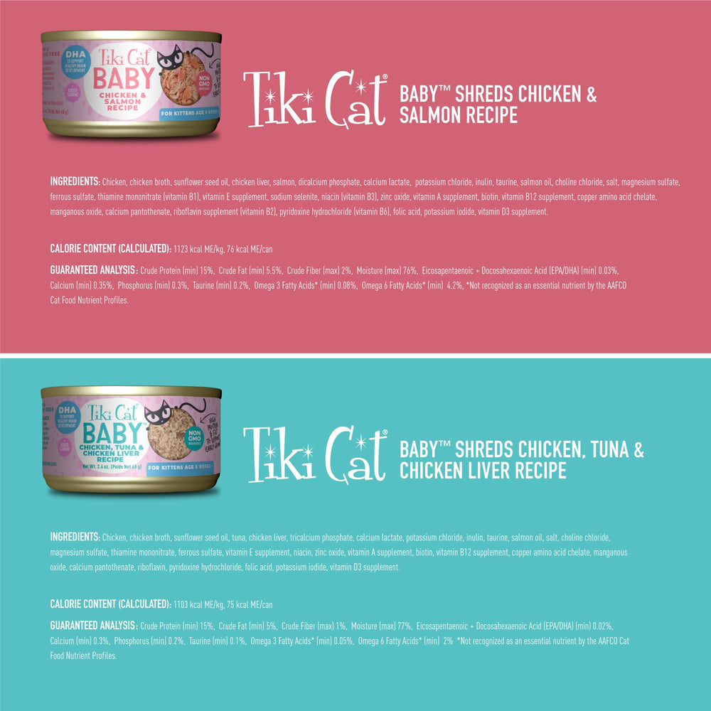 Tiki Cat Baby Chicken Salmon Shreds offers savory protein for growing kittens