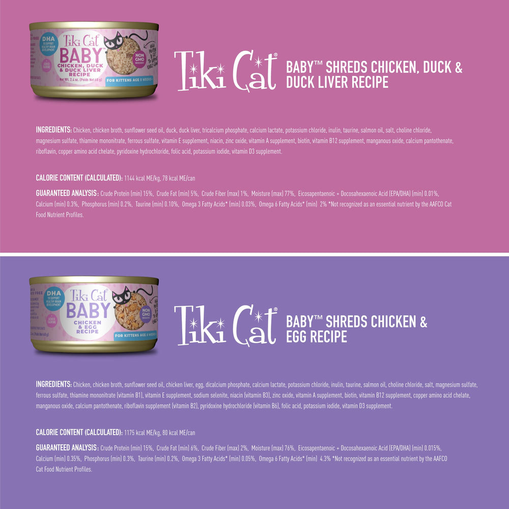 Tiki Cat Baby Chicken Tuna Chicken Liver Shreds provides diverse protein for flavor variety