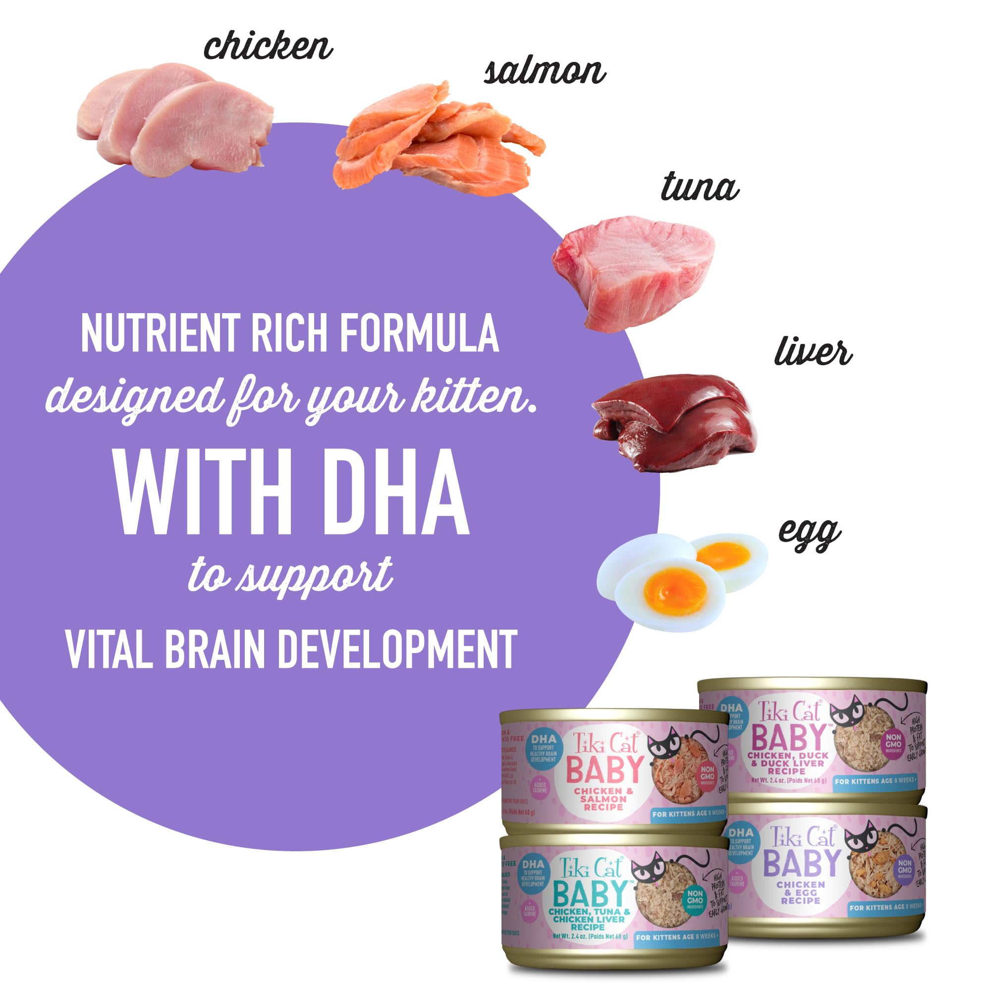 Tiki Cat Baby DHA Brain Development emphasizes nutrients supporting brain and vision