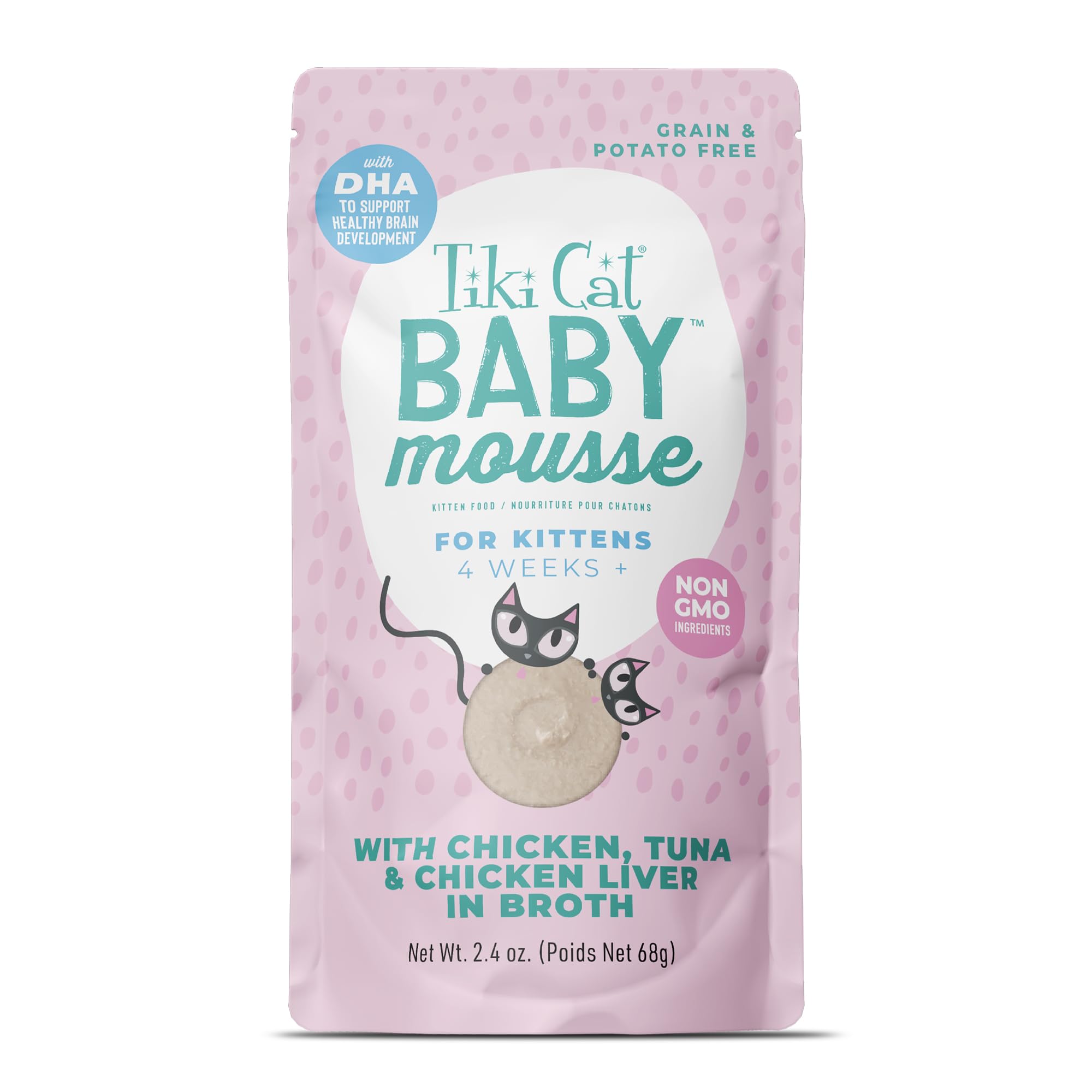 Tiki Cat Baby Mousse pouch front view for easy kitten feeding.