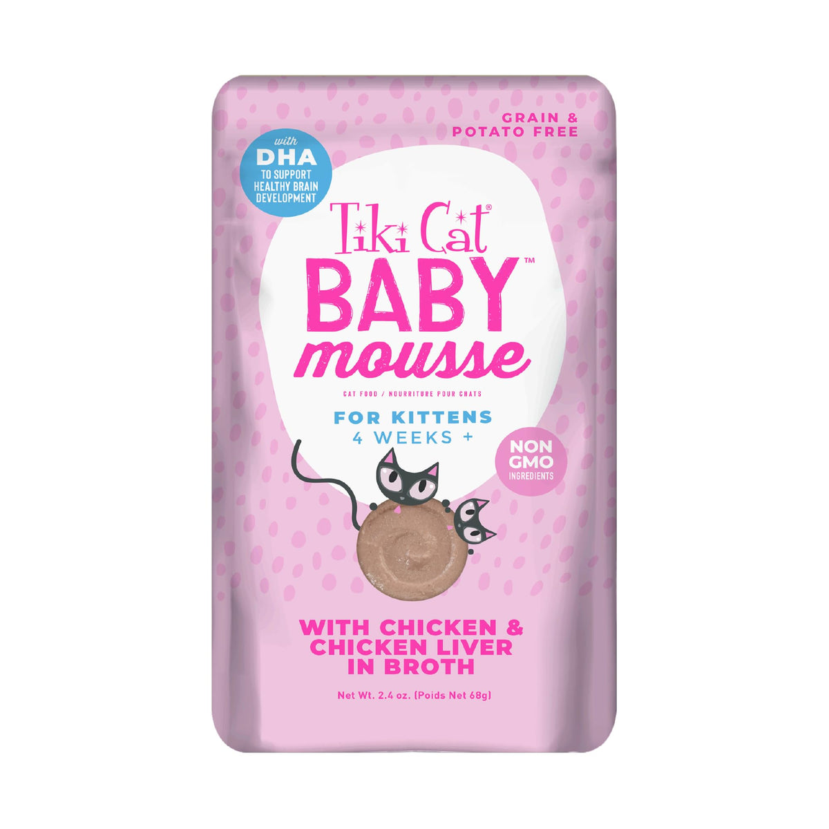Tiki Cat Baby Mousse kitten pouch shows chicken broth for easy eating.