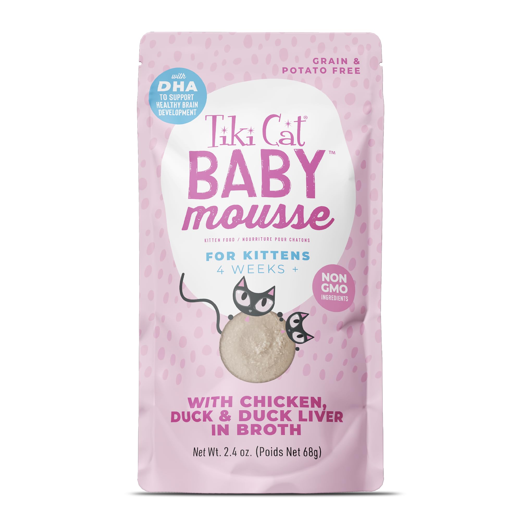 Tiki Cat Baby Mousse pouch close-up showing real chicken and duck liver for protein.