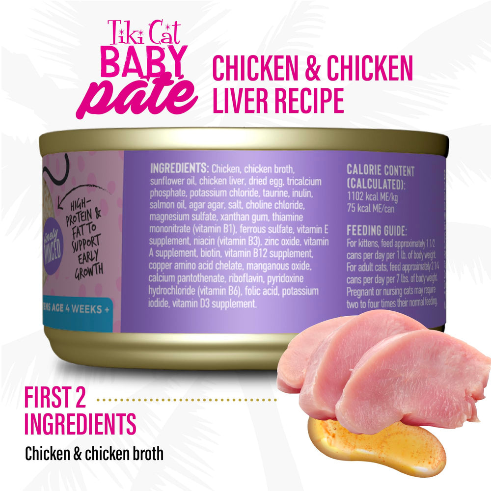 Real chicken and chicken liver in Tiki Cat Baby Pate for protein