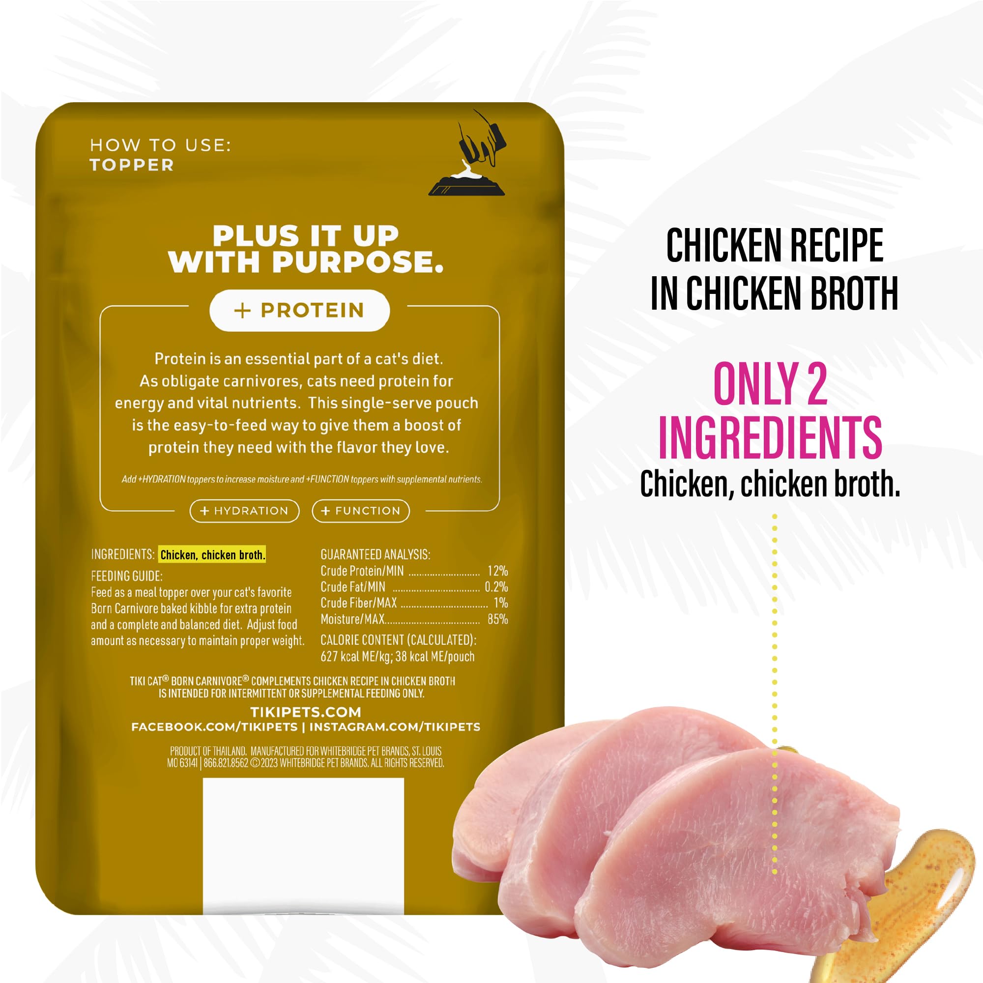 Tiki Cat Born Carnivore Complements chicken pouch close-up, shows two-ingredient formula.
