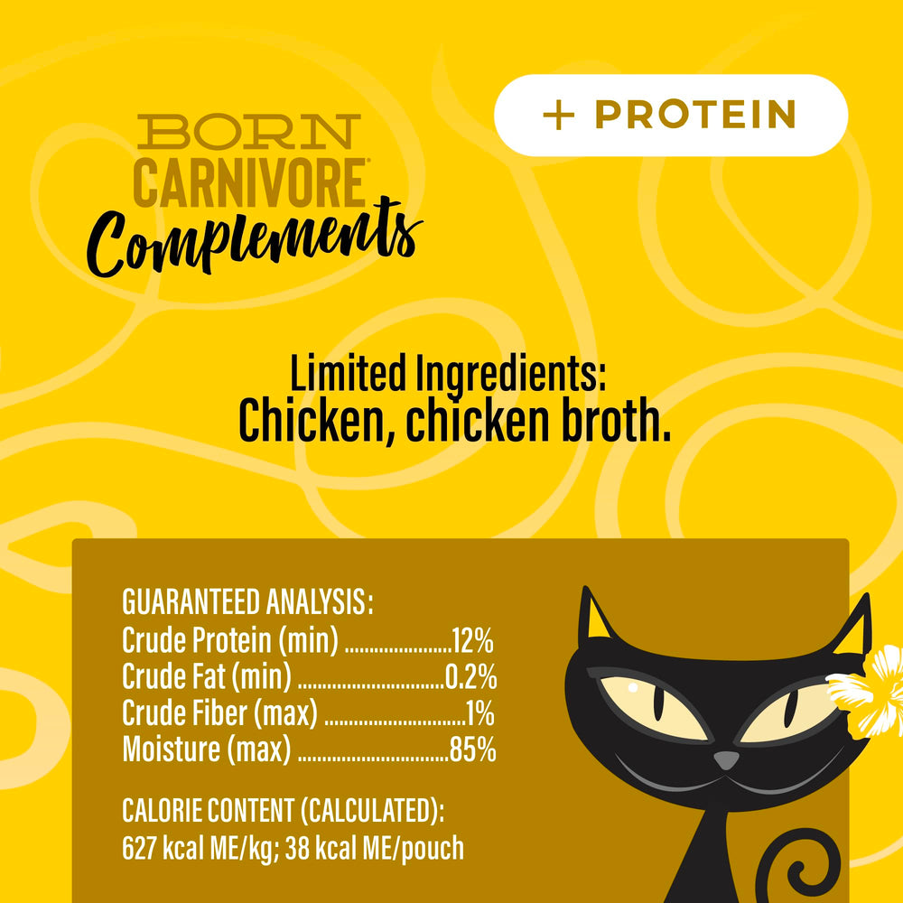 Tiki Cat Born Carnivore Complements chicken topper pour highlights protein and hydration.