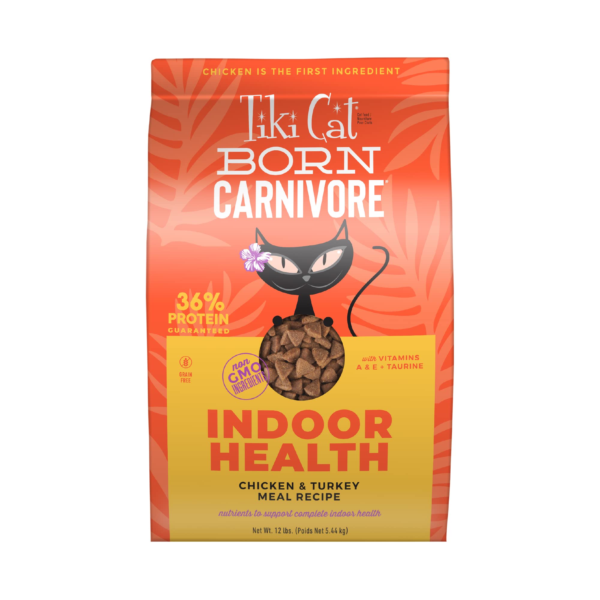 TIKI PETS Tiki Cat Born Carnivore Indoor Health kibble in bowl highlights real chicken flavor.