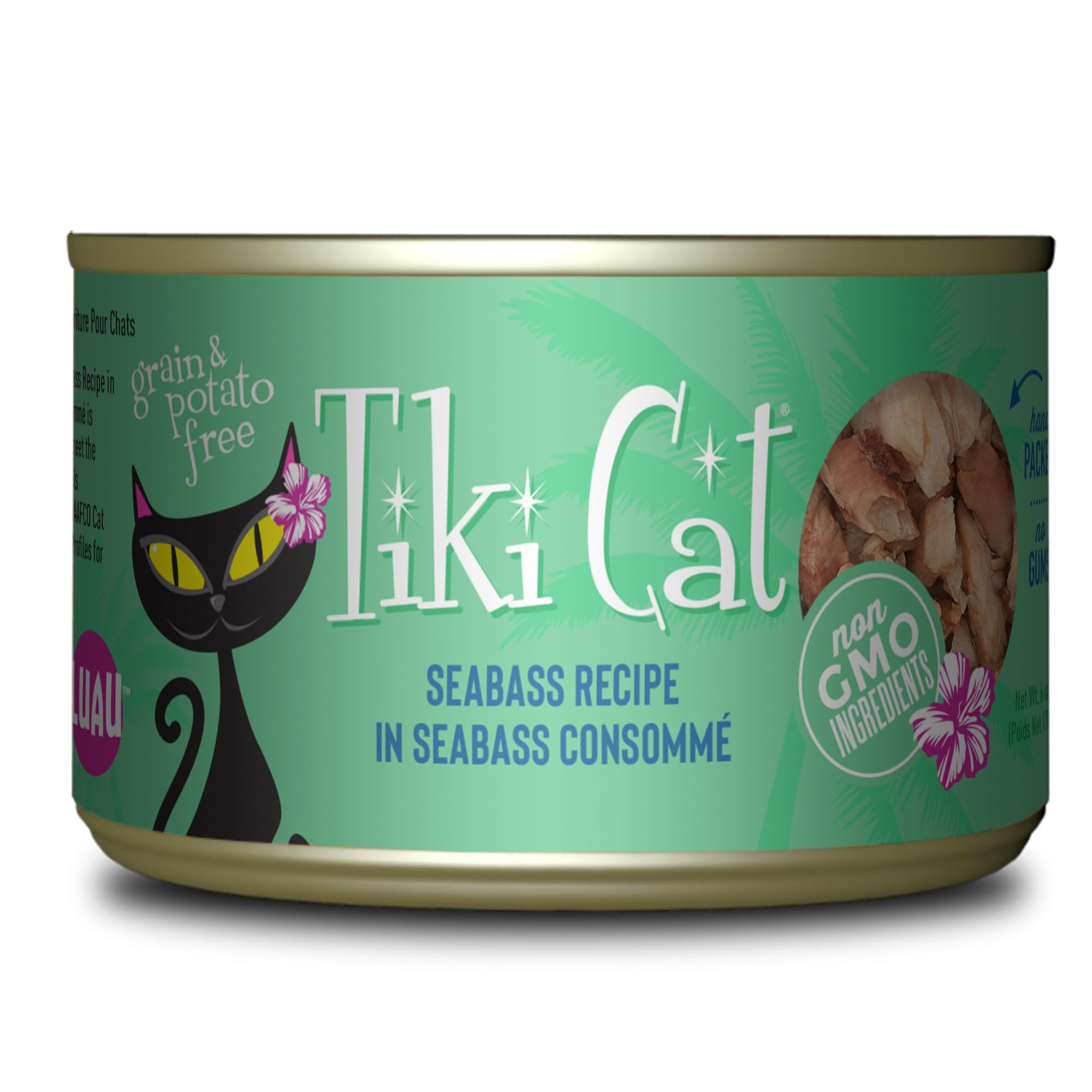 Tiki Cat Luau Seabass Consomme can, protein-rich for all life stages.