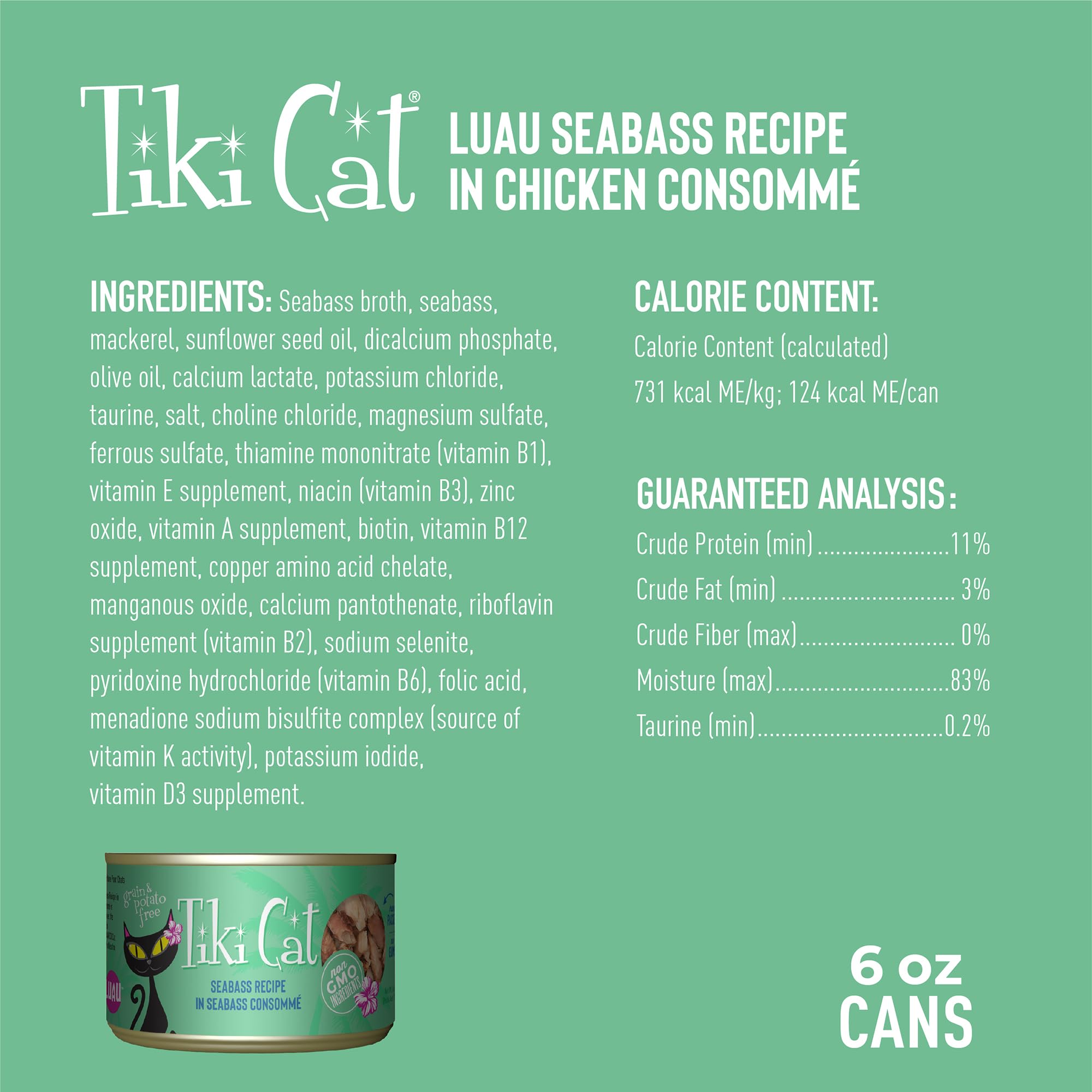 Tiki Cat Luau Seabass Fillets close-up, premium grain-free texture for finicky eaters.