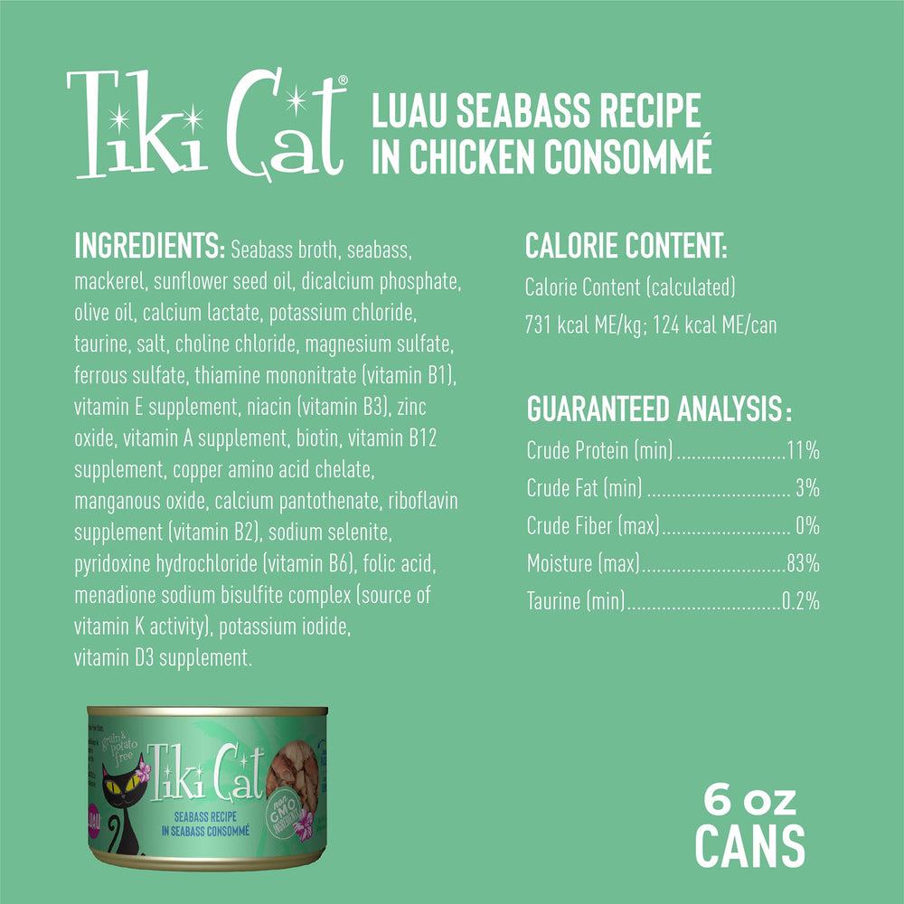 Tiki Cat Luau Seabass Fillets close-up, premium grain-free texture for finicky eaters.