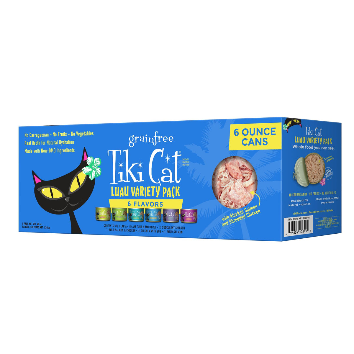 Tiki Cat Luau wet cat food packaging label highlights grain-free protein-rich formula.