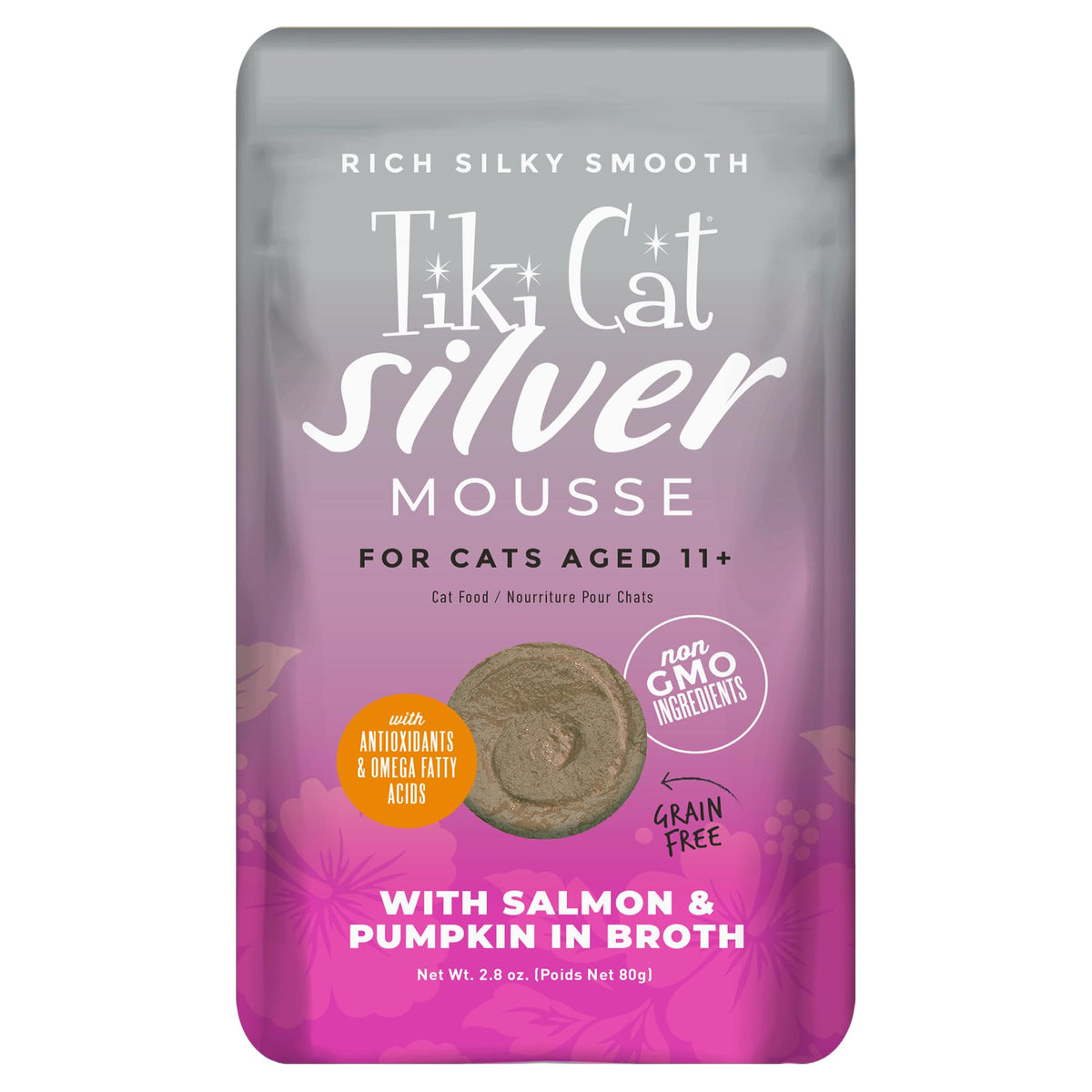 Tiki Cat Silver Mousse senior salmon in broth image promotes hydration and flavor
