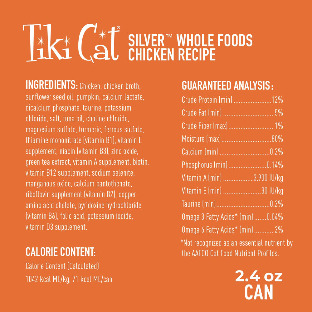 Tiki Cat Silver soft mousse with shredded chicken supports delicate teeth and gums.
