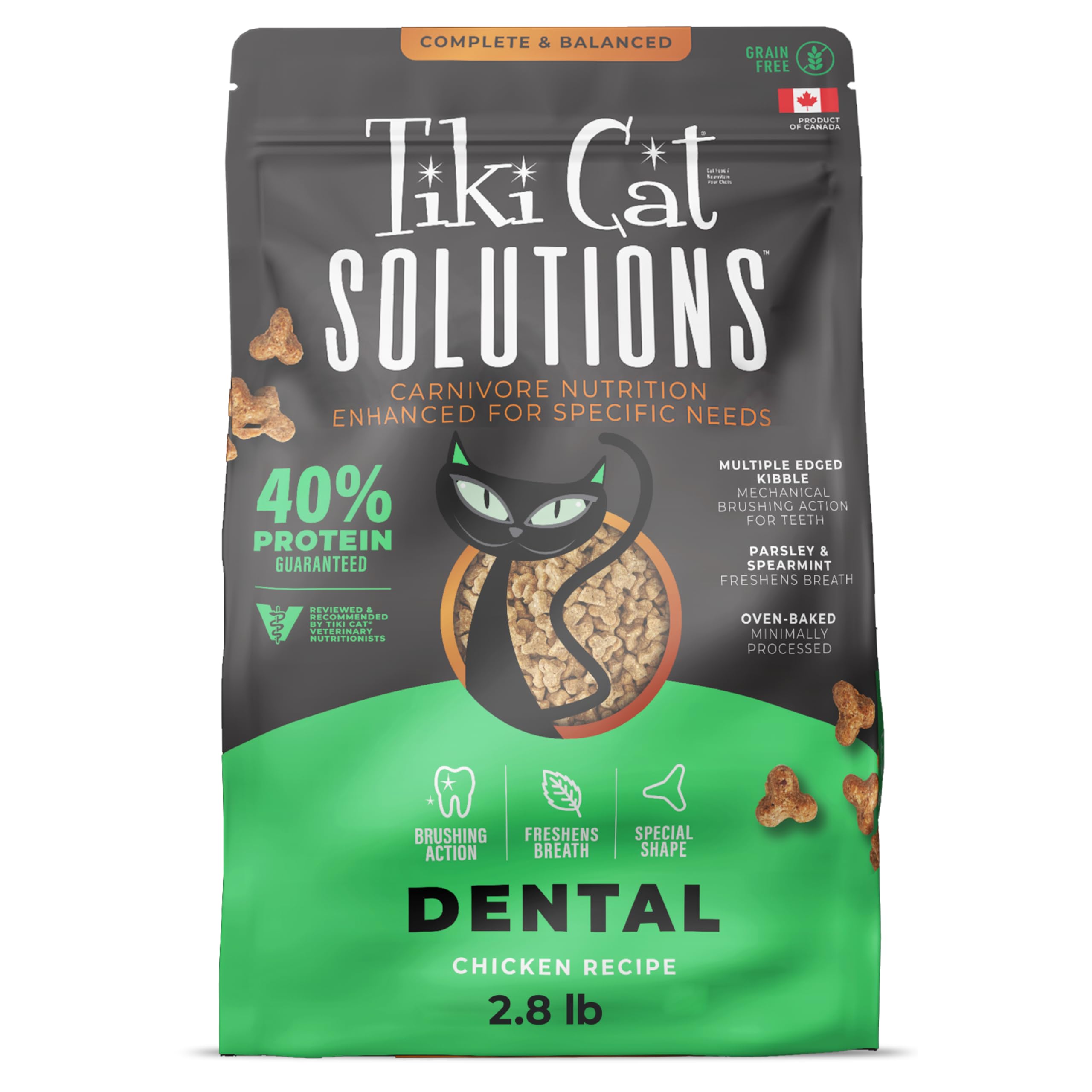 Tiki Cat Solutions dental kibble in a cat bowl for brushing action