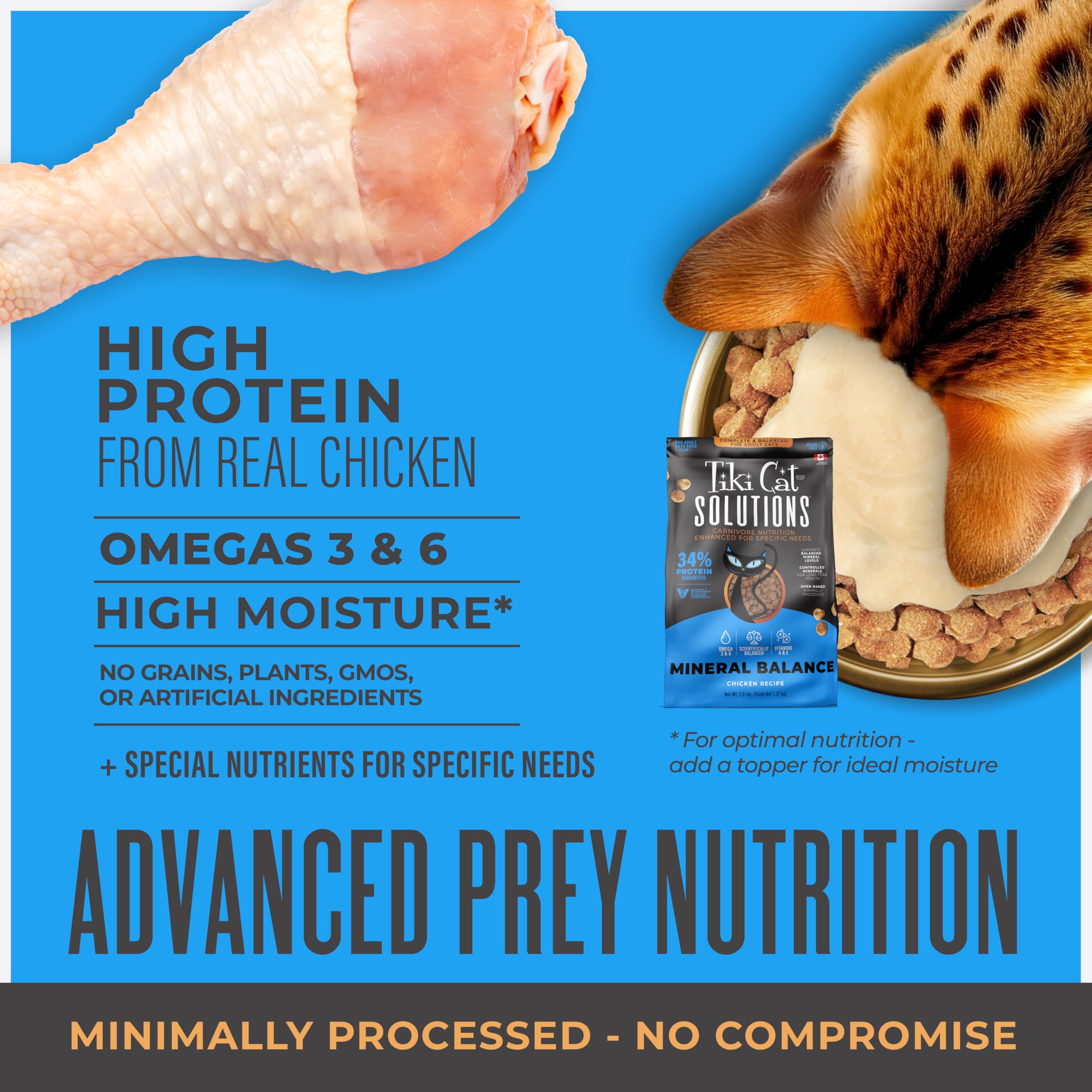 Tiki Cat Solutions Mineral Balance chicken dry cat food shows 34% protein on packaging.