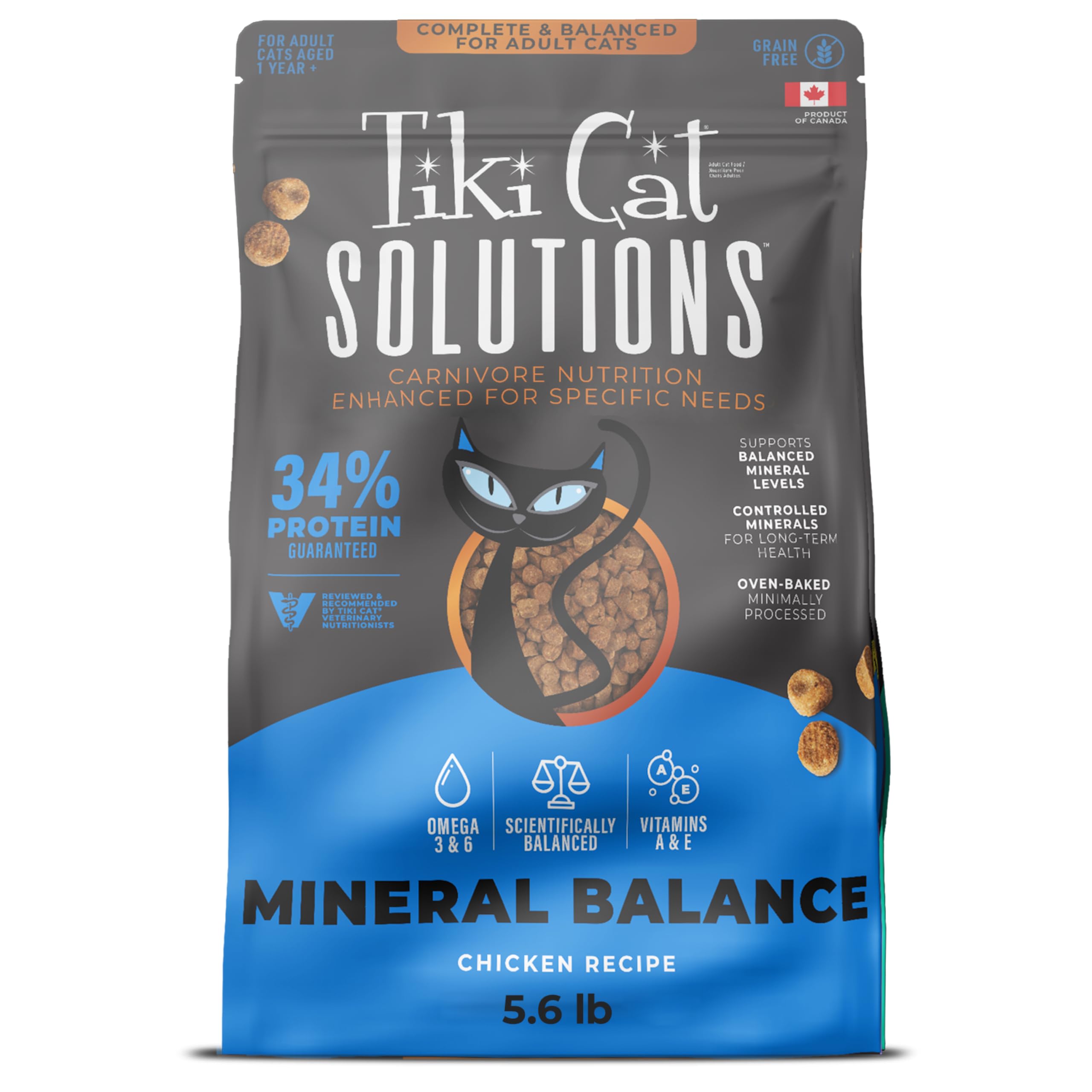 Tiki Cat Solutions Mineral Balance chicken dry cat food bag front, premium nutrition for adult cats.