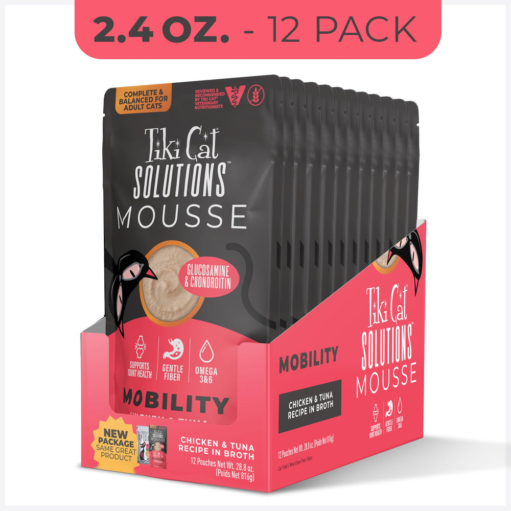 Tiki Cat Mobility Mousse with real chicken and tuna for high protein.