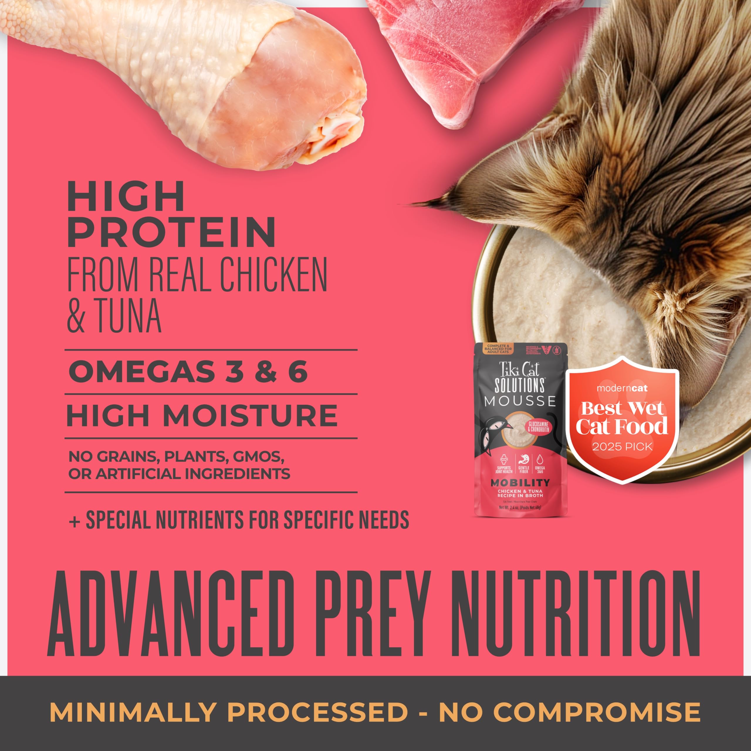 Tiki Cat Mobility Mousse high-protein formula from real meats.