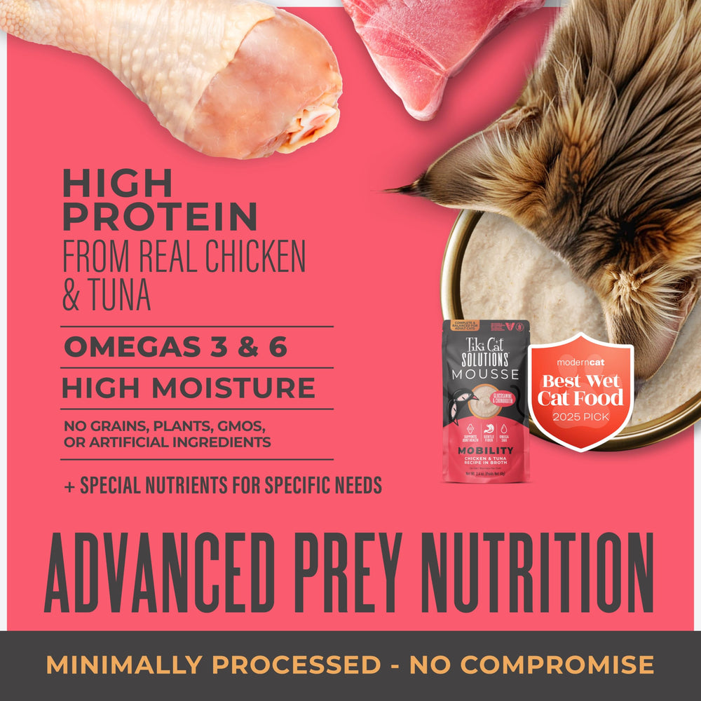 Tiki Cat Mobility Mousse high-protein formula from real meats.
