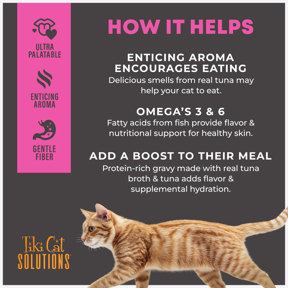 TIKI PETS Tiki Cat Solutions Topper Fussy tuna in broth served with kibble enhances aroma.