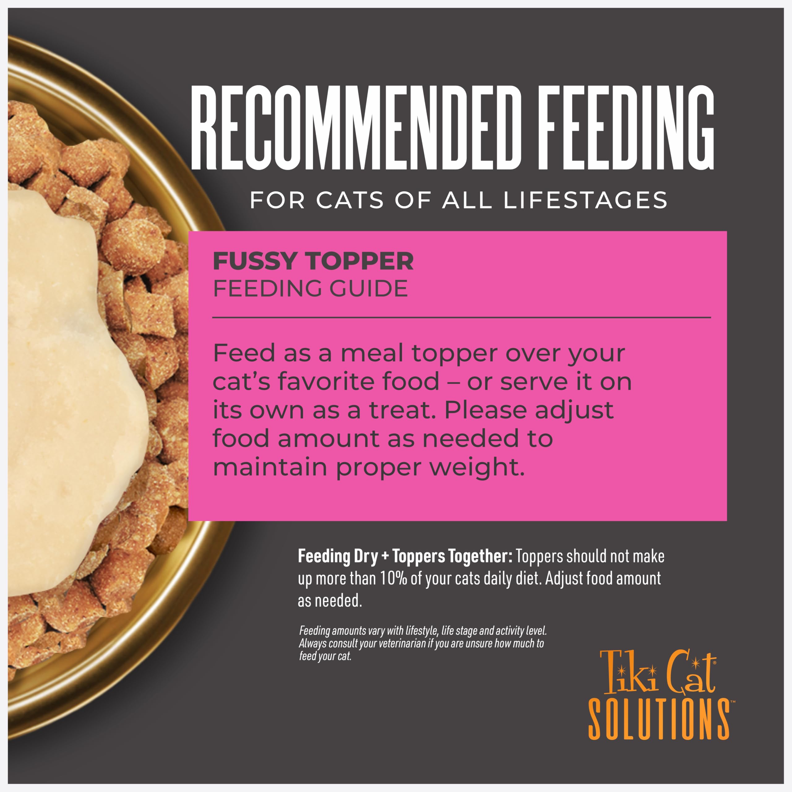 TIKI PETS Tiki Cat Solutions Topper Fussy tuna in broth pack-back shows grain-free and non-GMO.