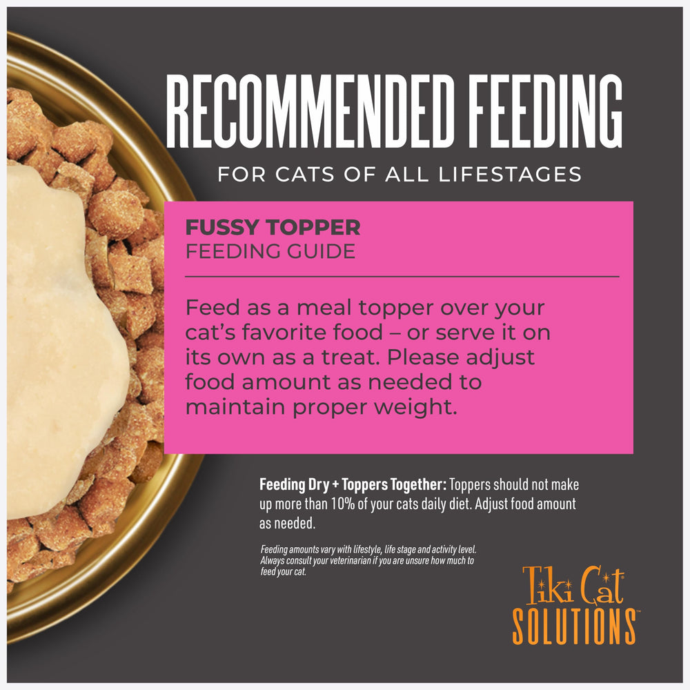 TIKI PETS Tiki Cat Solutions Topper Fussy tuna in broth pack-back shows grain-free and non-GMO.