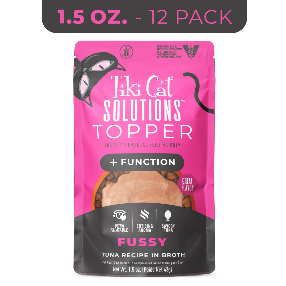 TIKI PETS Tiki Cat Solutions Topper Fussy tuna in broth pouch close-up highlights savory tuna.