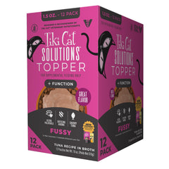 TIKI PETS Tiki Cat Solutions Topper Fussy tuna in broth pouch front enhances meal appeal for picky cats.