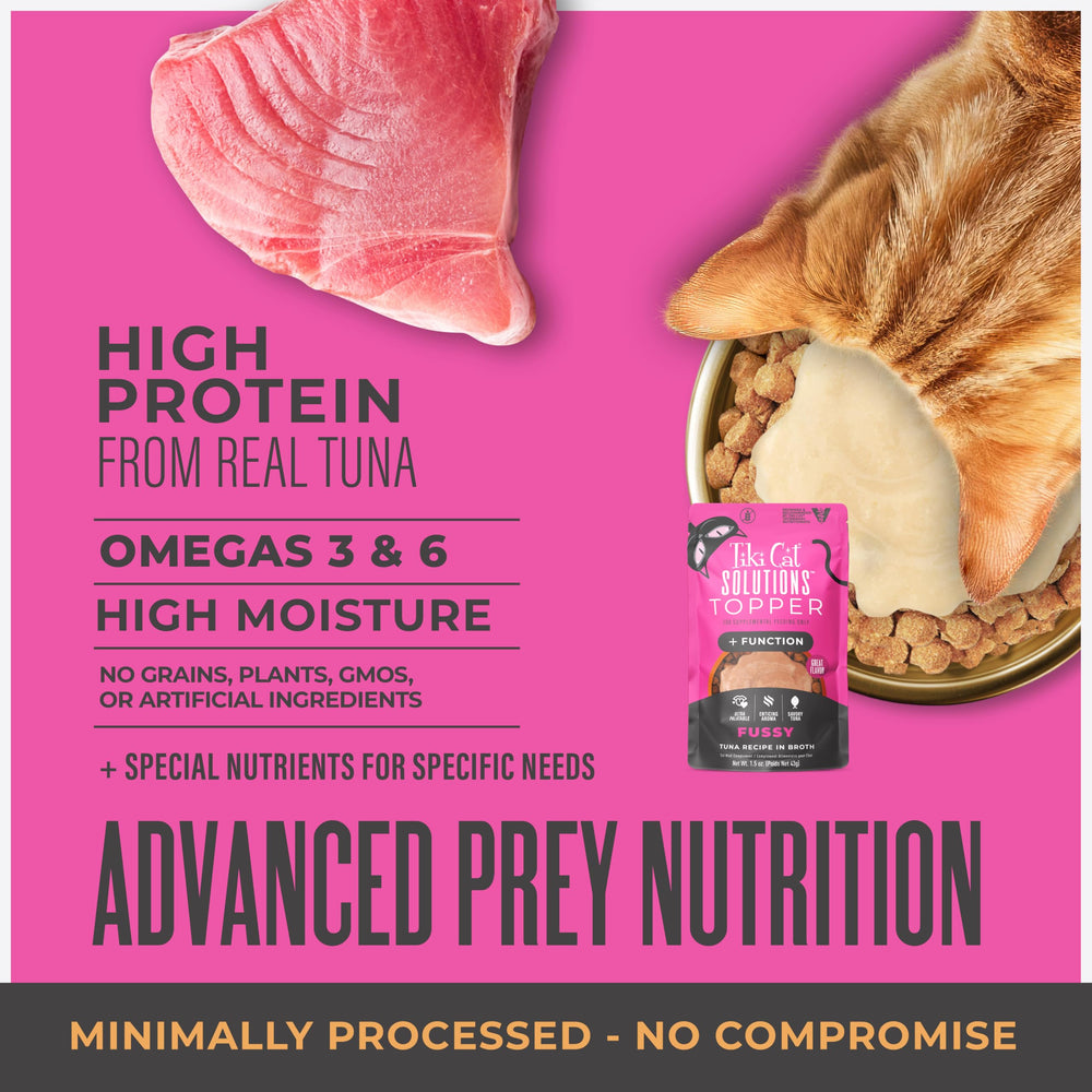 TIKI PETS Tiki Cat Solutions Topper Fussy tuna in broth pouring into bowl boosts moisture.