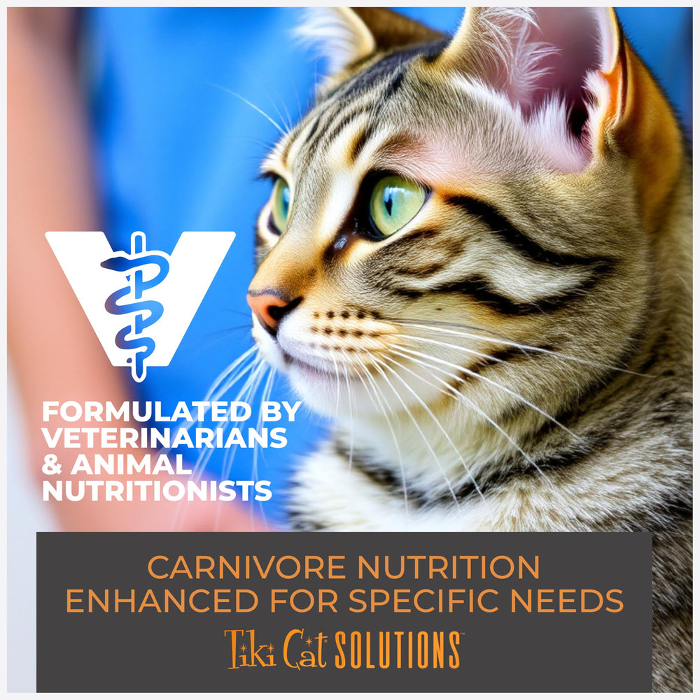 Formulated by veterinarians and animal nutritionists in Tiki Cat Solutions packaging