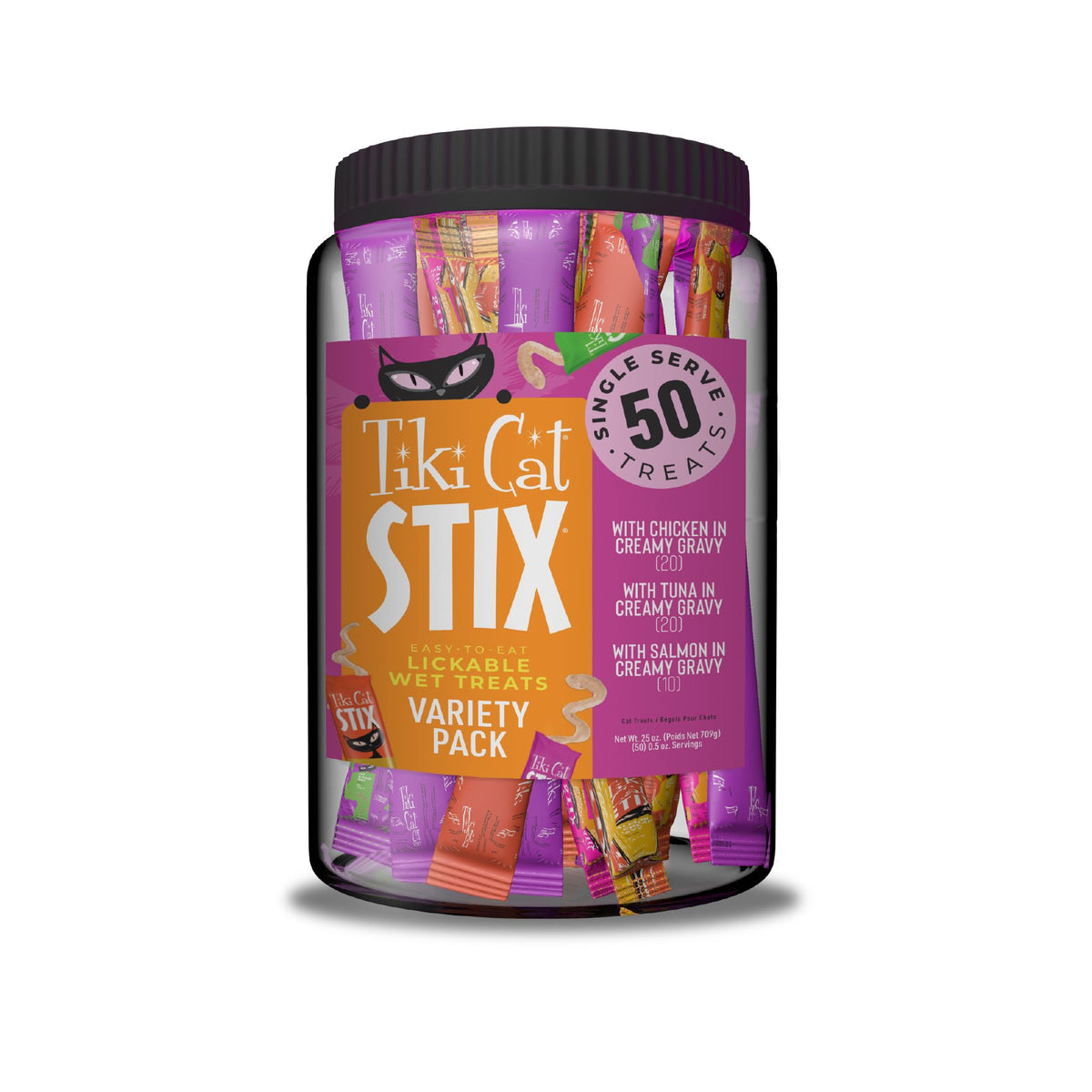 TIKI PETS Tiki Cat Stix Mousse Treats mega jar front label, convenient licking portions