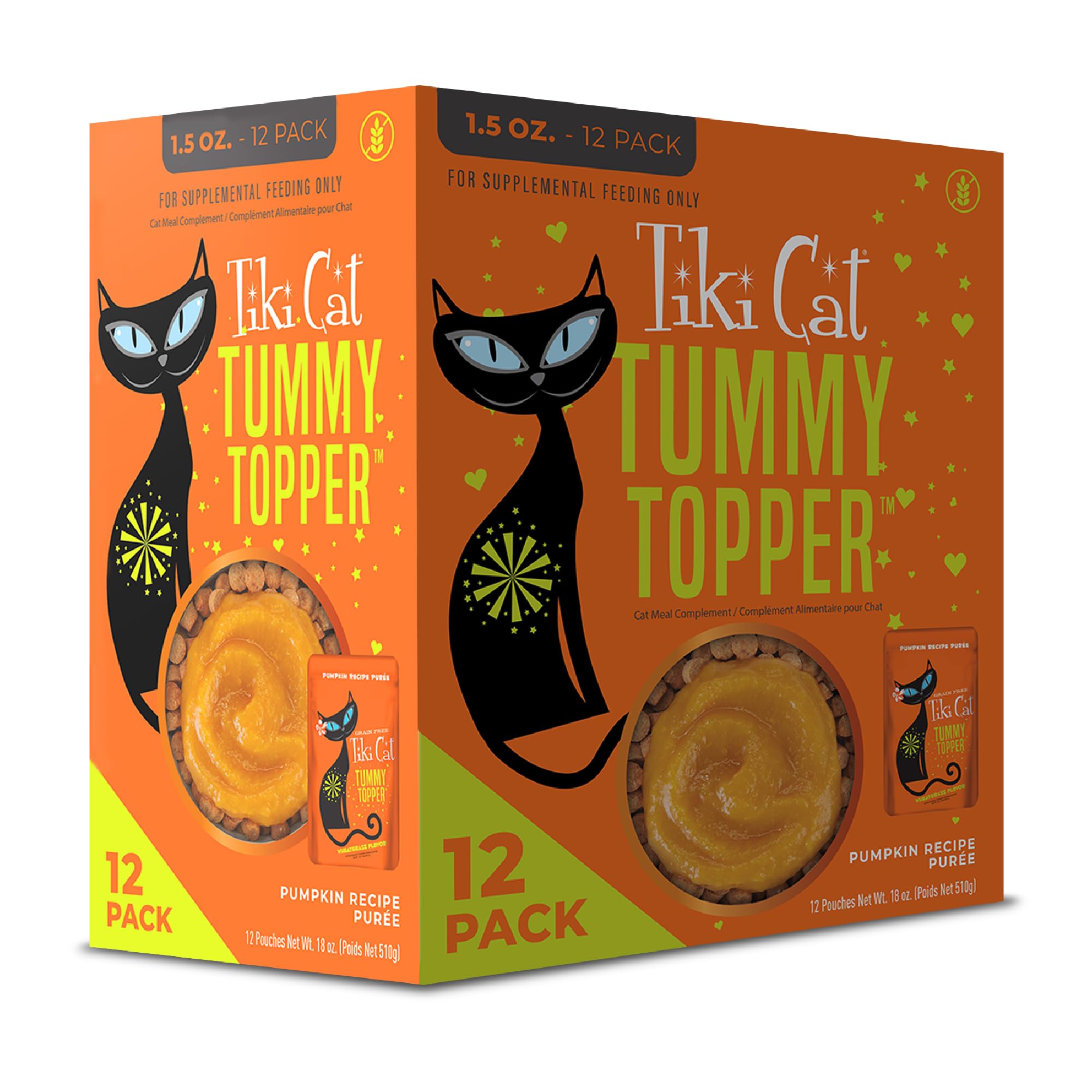 Tiki Pets Tummy Topper pumpkin-broth pouch on kibble, moisture boost for cats