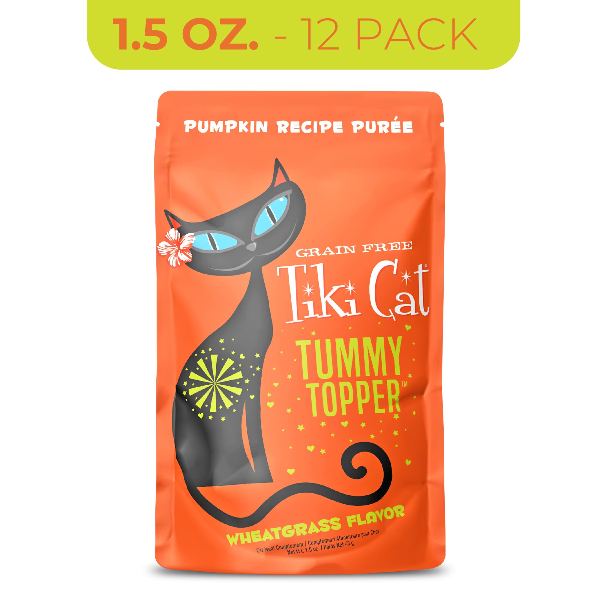 Tiki Pets Tummy Topper wheatgrass-pumpkin close-up, highlighting fiber-forward formula
