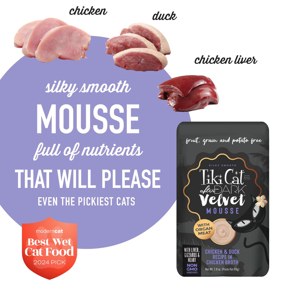 Tiki Cat After Dark Velvet Mousse features real chicken, duck, and organ meats for depth.