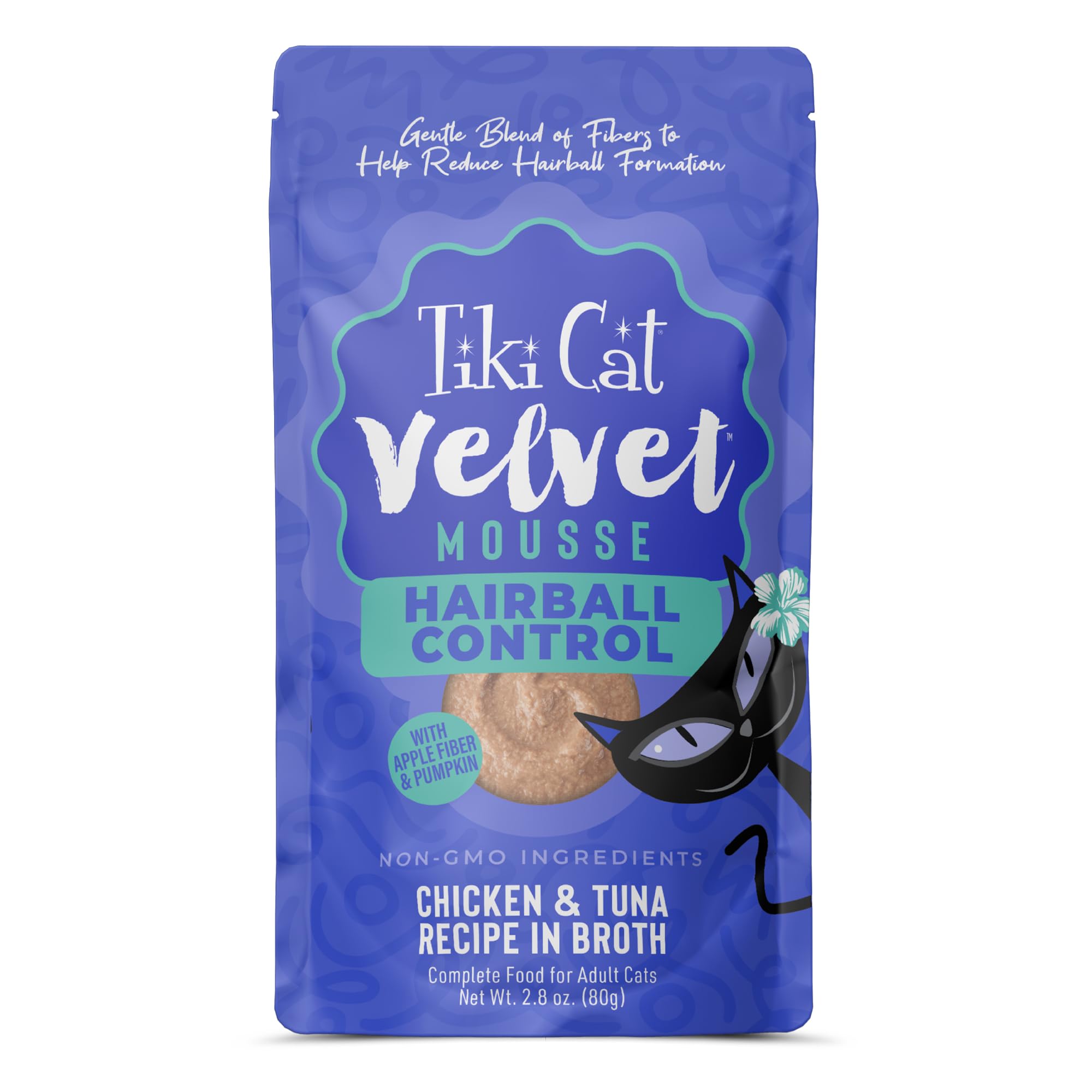 Tiki Pets Velvet Mousse pouch close-up showing silky texture and hairball-friendly formulation