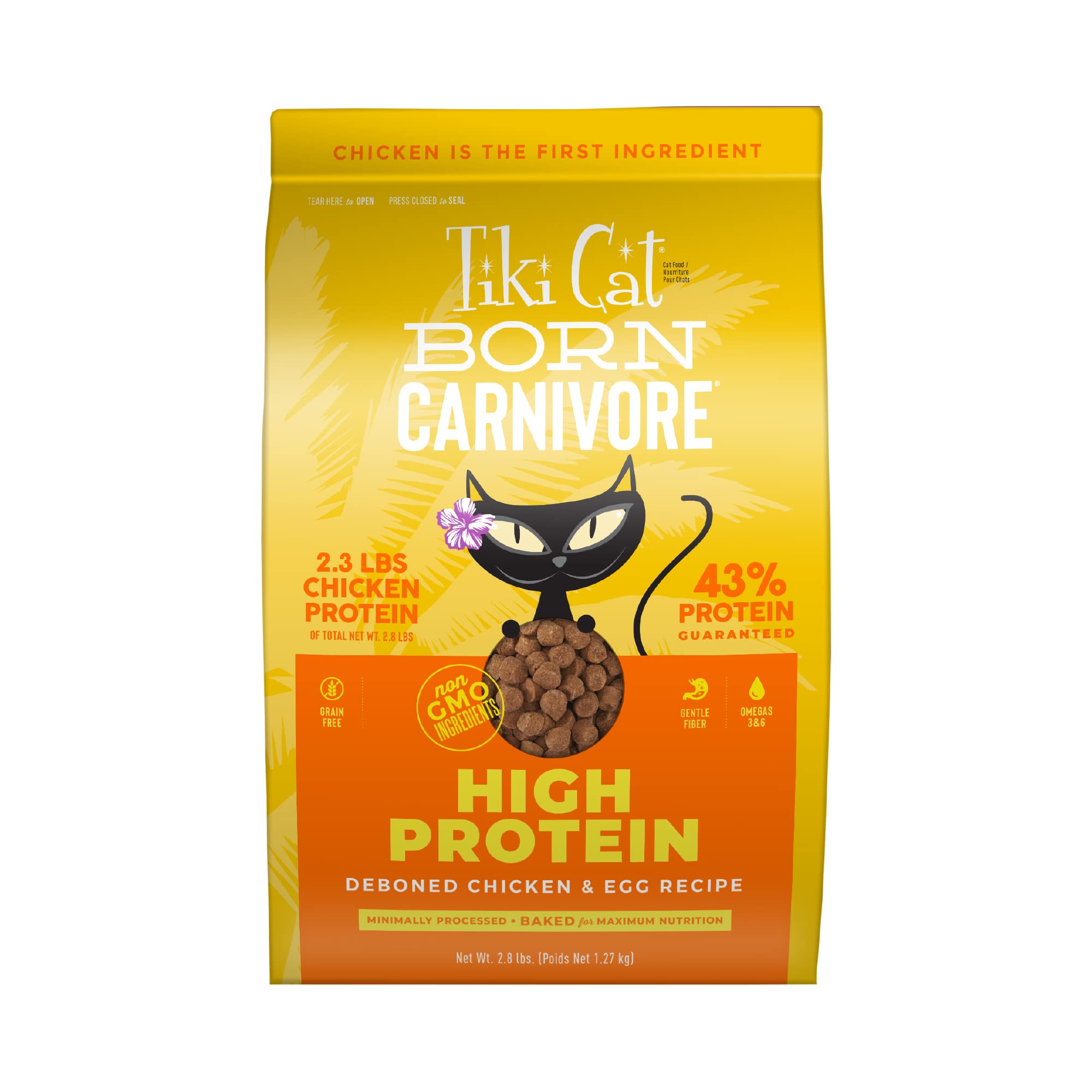 Tiki Cat Born Carnivore dry food bag front showing protein-rich formula for active cats.
