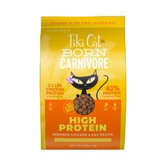 Tiki Cat Born Carnivore dry food bag front showing protein-rich formula for active cats.