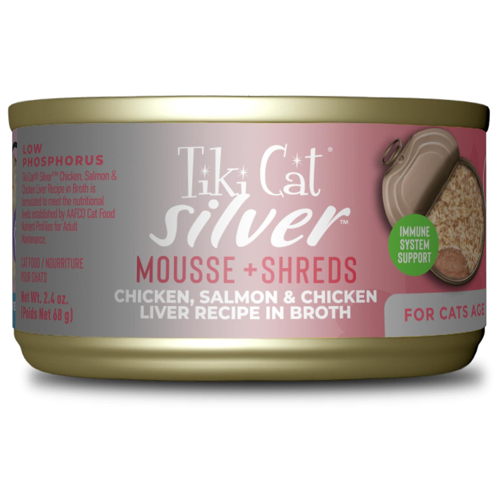 Tiki Cat Silver wet food can closeup highlighting high protein for seniors