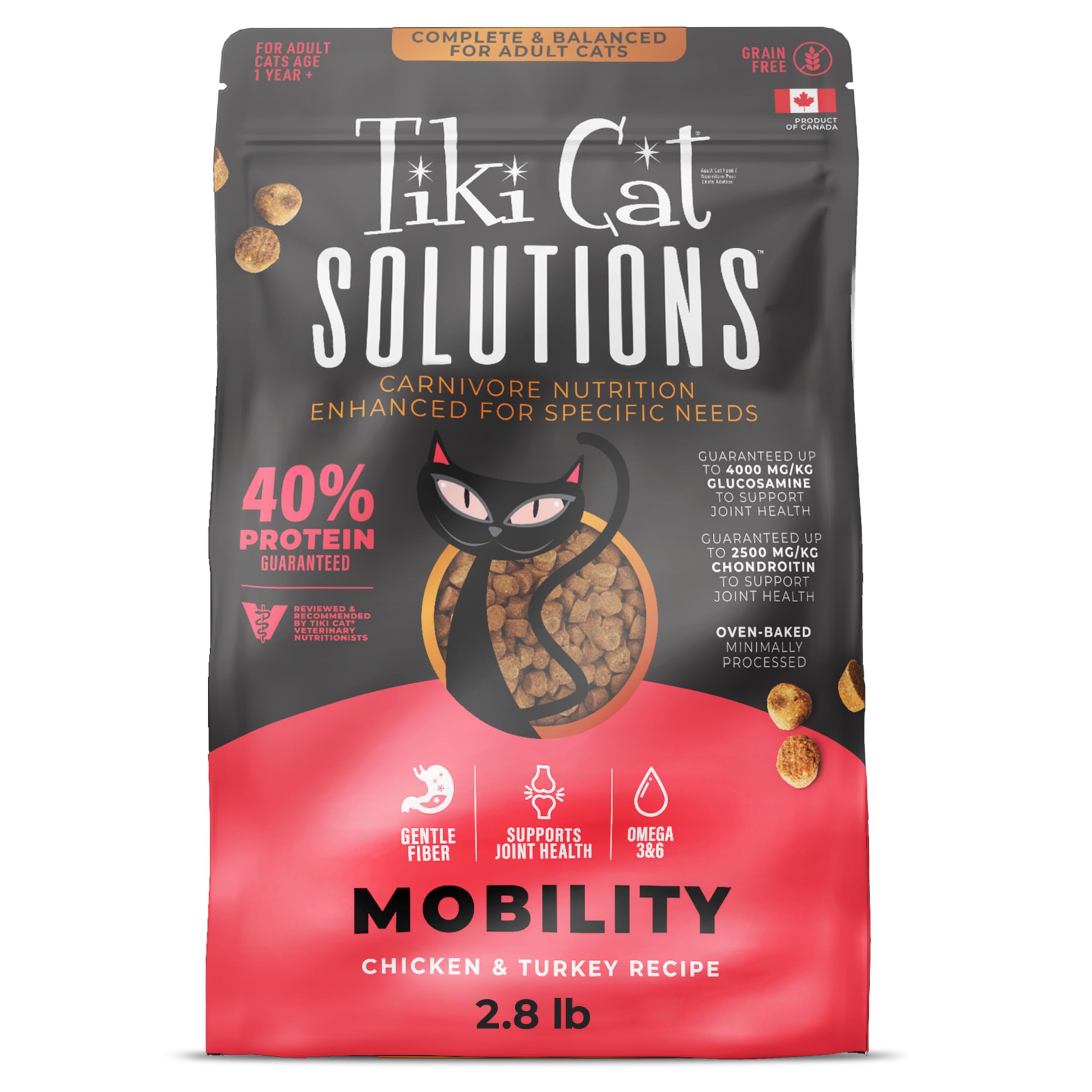 Tiki Cat Solutions Mobility baked kibble bag shows premium protein for muscle maintenance