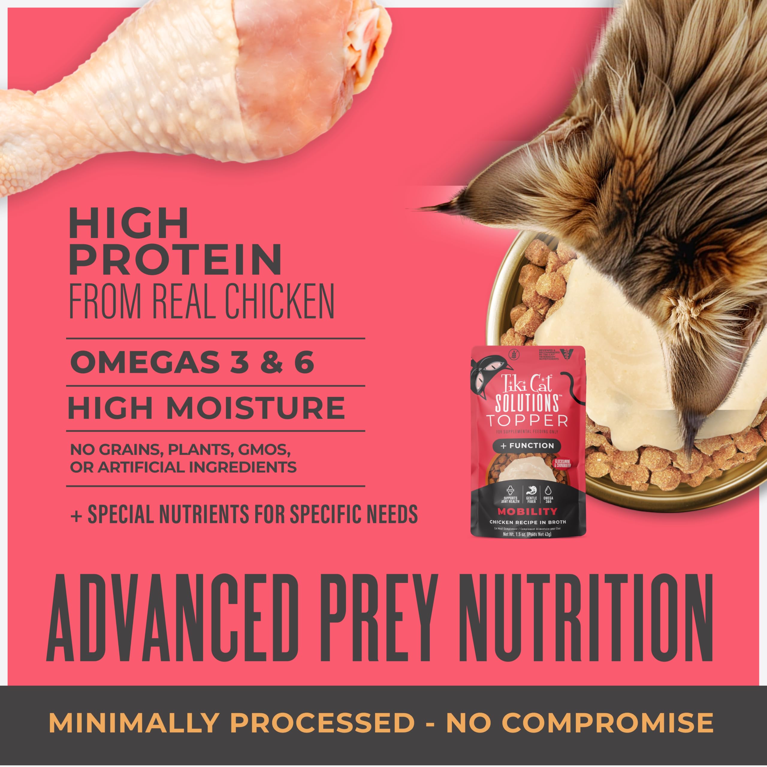 Tiki Cat Solutions Mobility glucosamine close-up highlights joint-support ingredients