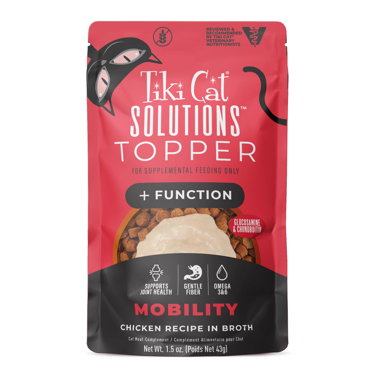 Tiki Cat Solutions Mobility chicken broth pouch label with real chicken for joint support
