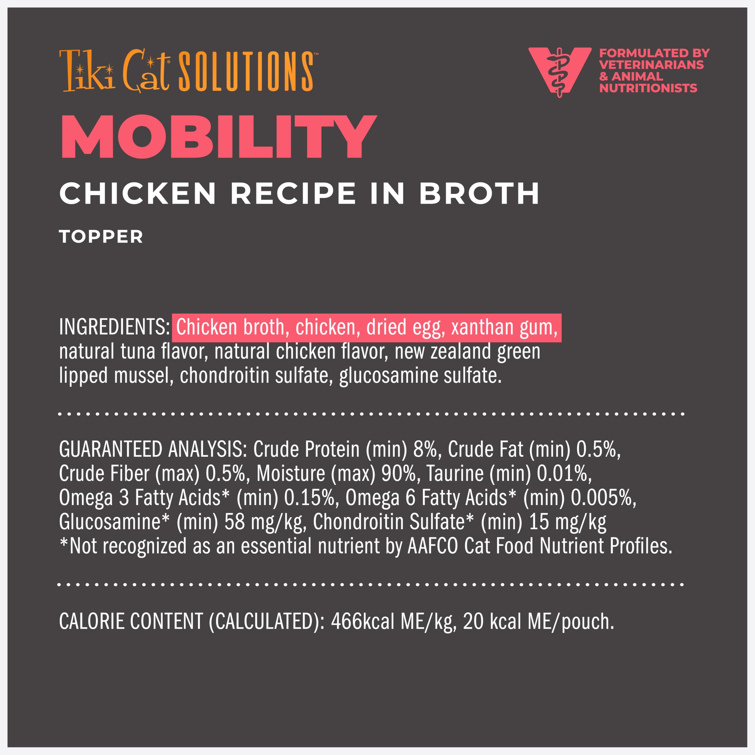 Tiki Cat Solutions Mobility real chicken close-up conveys protein-rich gravy and moisture