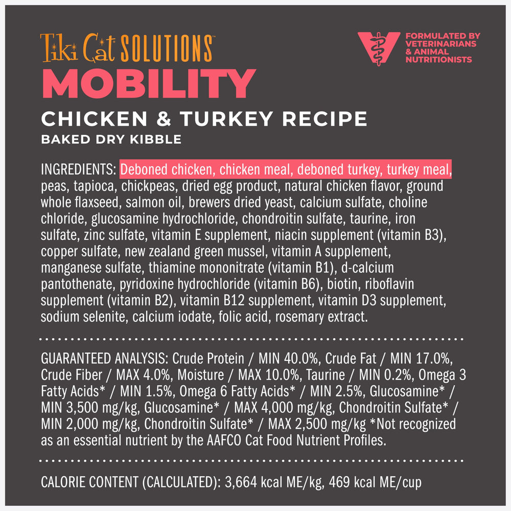 Close-up of Tiki Cat Solutions Mobility kibble with chicken and turkey for rich nutrition