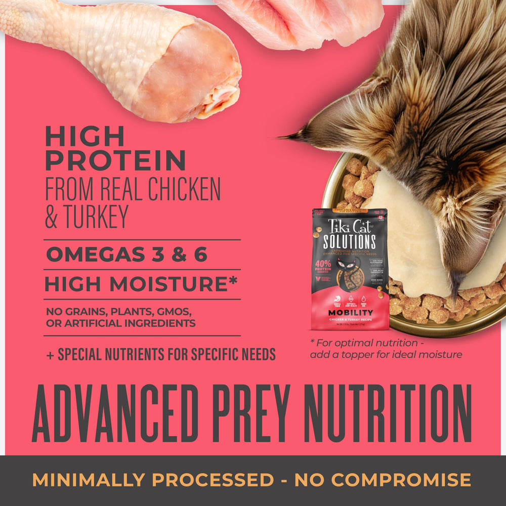 Tiki Cat Solutions Mobility kibble highlighting glucosamine and chondroitin for joints