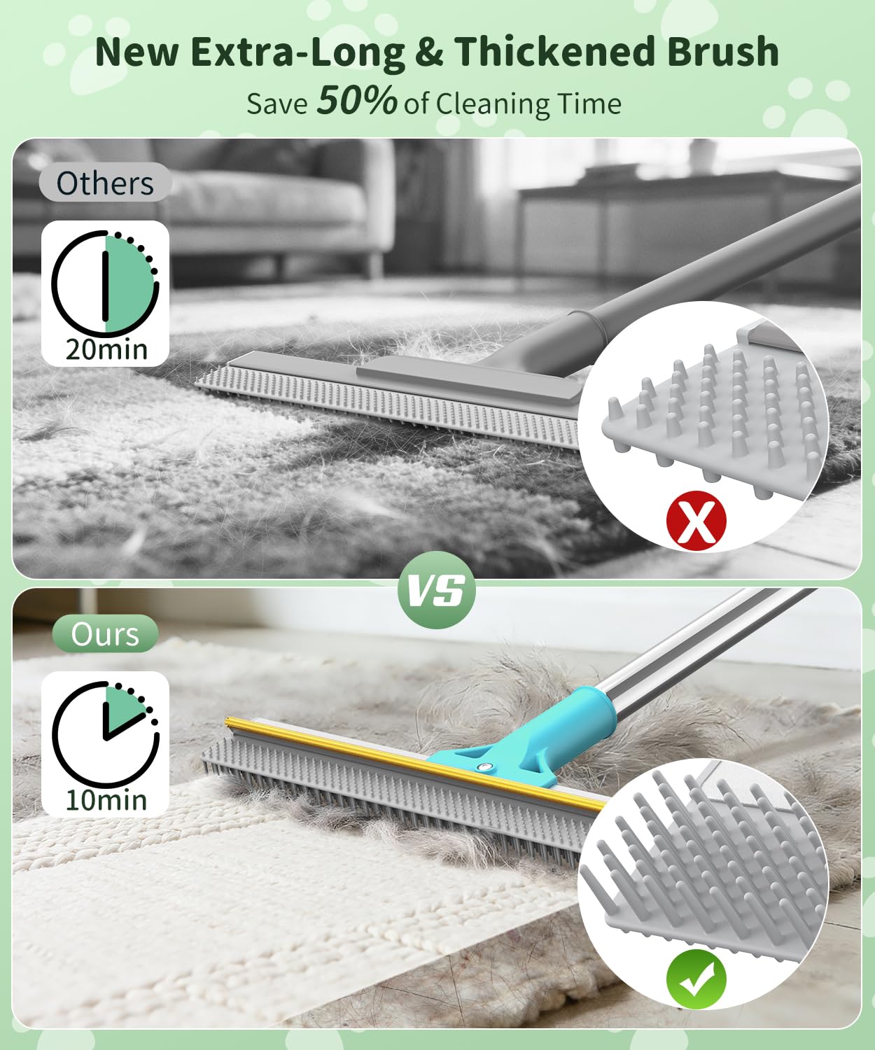TIKIWIK carpet rake with 54-inch adjustable handle for cleaning under furniture.