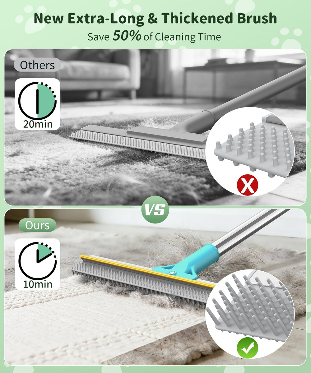 TIKIWIK carpet rake with 54-inch adjustable handle for cleaning under furniture.