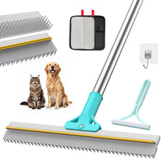 TIKIWIK carpet rake with extended brush head removes hair from carpets and sofas.